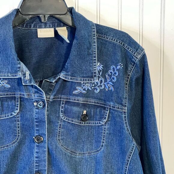 Erika Denim Jacket Womens Size Xlarge Blue Embroidered Floral Button Up Long Slv - Picture 3 of 12